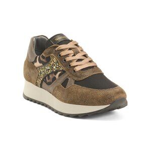 NEROGIARDINI Brown Leopard Made In Italy Suede Leopard Glitter Runner Sneakers